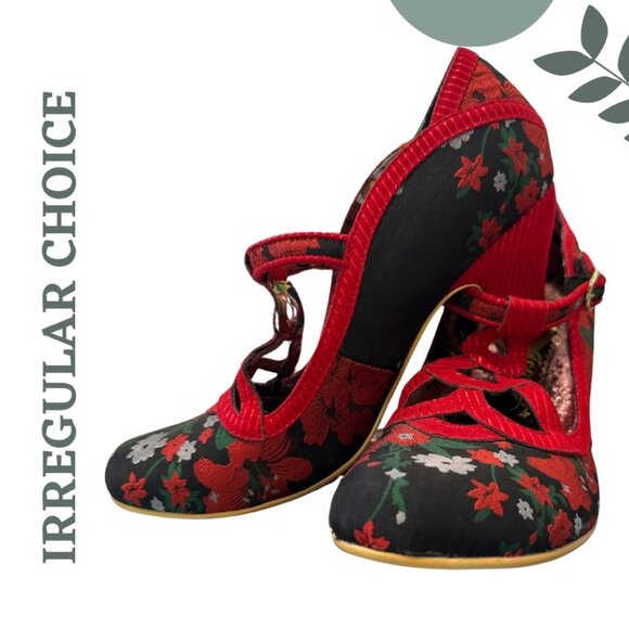 Irregular Choice Floral Heels | Red Black Mary Jane Style | Retro Statement Shoe - Picture 1 of 12